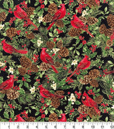 Quilting Cotton Metallic Cardinals on Black Christmas Fabric 100% Cotton