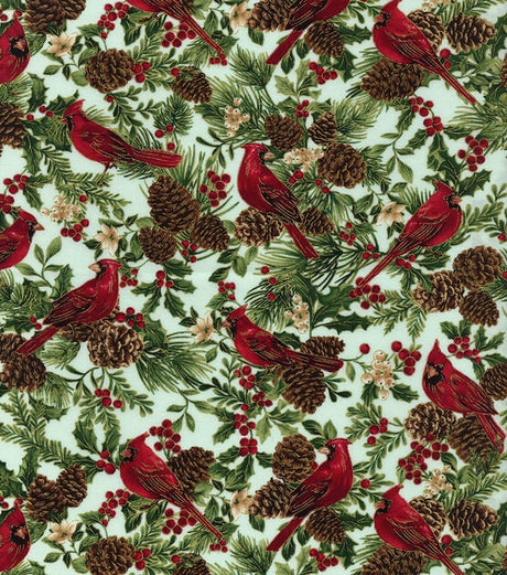 Quilting Cotton Metallic Cardinals on Gray Christmas Timeless Treasures