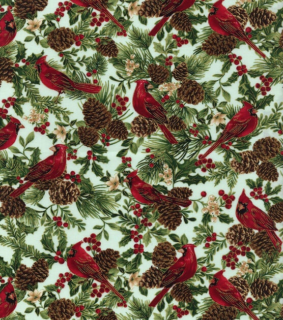 Quilting Cotton Metallic Cardinals on Gray Christmas Timeless Treasures