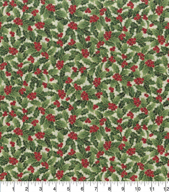 Quilting Cotton Metallic Holly Christmas Fabric 100% Cotton
