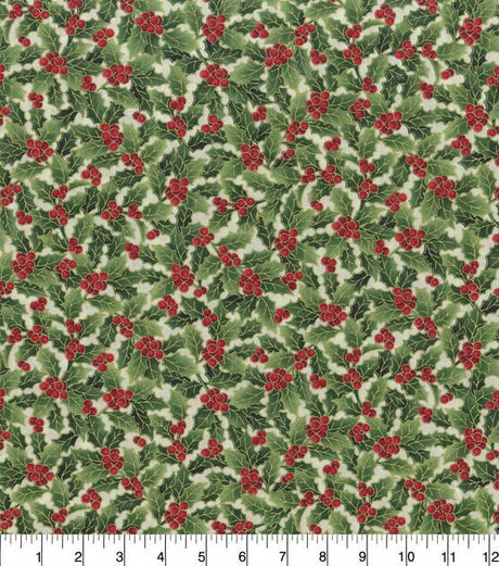 Quilting Cotton Metallic Holly Christmas Fabric 100% Cotton