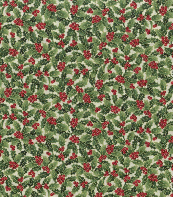 Quilting Cotton Metallic Holly Christmas Fabric 100% Cotton