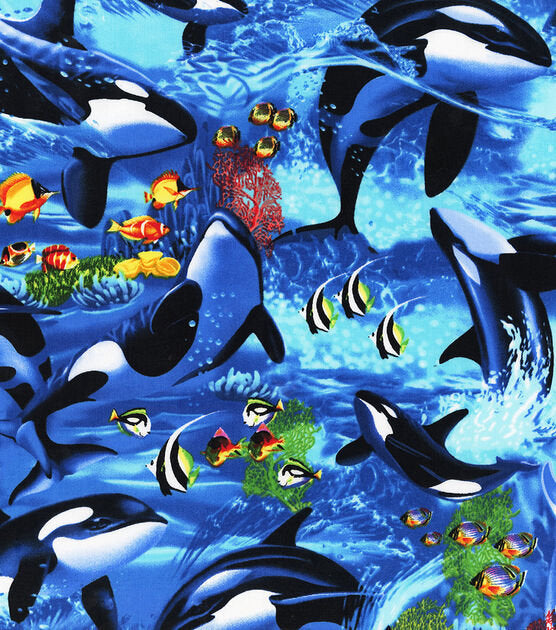 Quilting Cotton Playful Orcas Novelty Fabric 100% Cotton