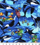 Quilting Cotton Playful Orcas Novelty Fabric 100% Cotton