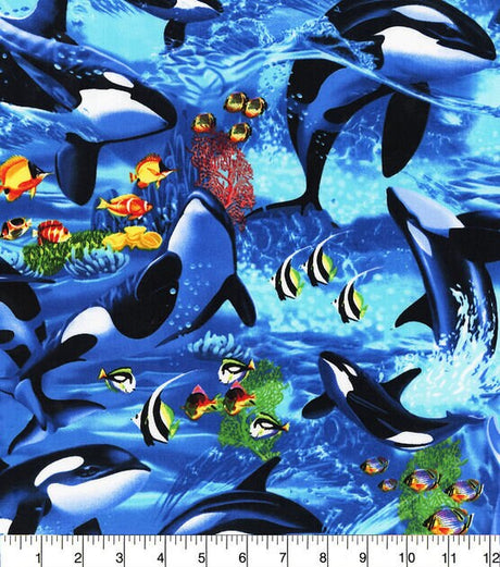 Quilting Cotton Playful Orcas Novelty Fabric 100% Cotton