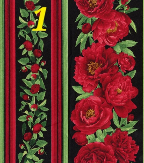 Quilting Cotton Red Peony on Black Tossed 100% Cotton Fabric