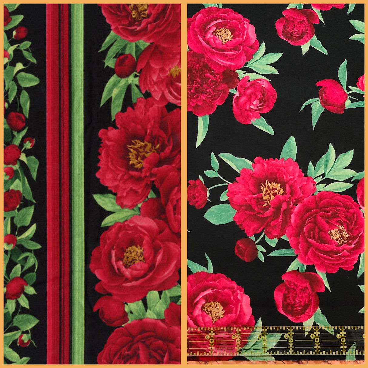 Quilting Cotton Red Peony on Black Tossed 100% Cotton Fabric