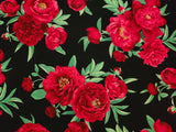 Quilting Cotton Red Peony on Black Tossed 100% Cotton Fabric