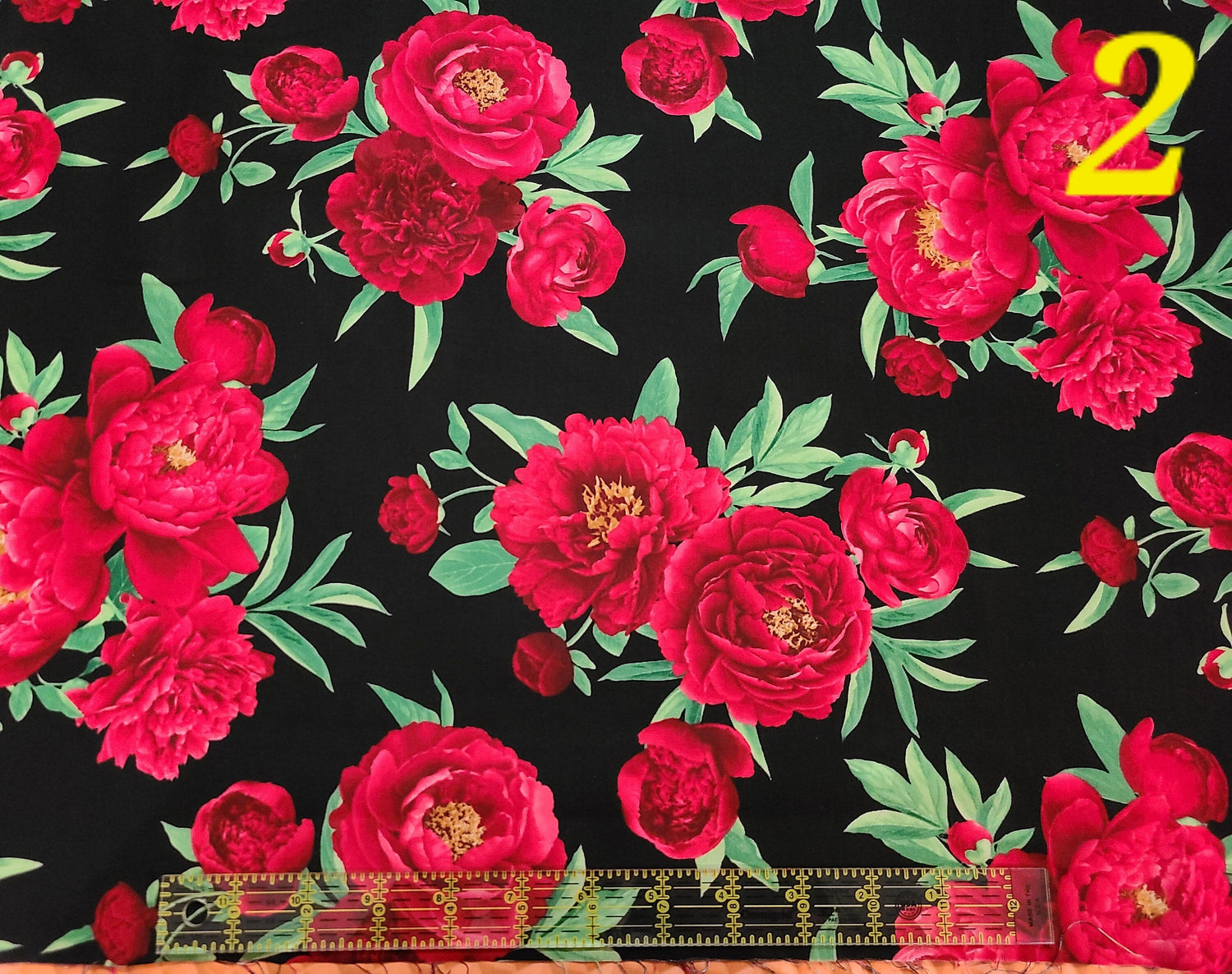 Quilting Cotton Red Peony on Black Tossed 100% Cotton Fabric
