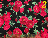 Quilting Cotton Red Peony on Black Tossed 100% Cotton Fabric