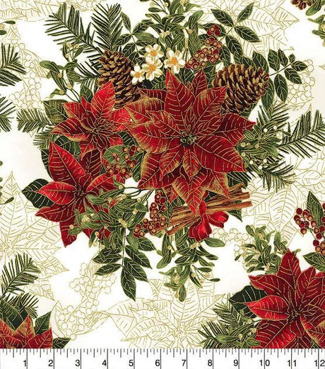 Quilting Cotton Red Spice Poinsettias on Cream Christmas Metallic 100% Cotton