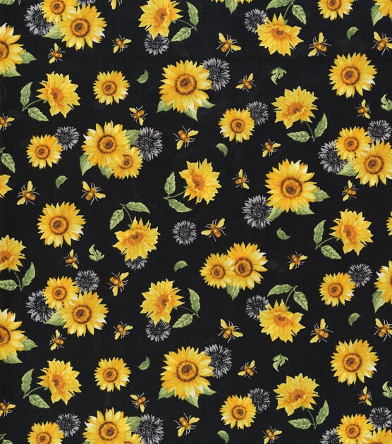 Quilting Cotton Sunflowers and Bees Black 100% Cotton