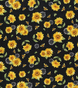 Quilting Cotton Sunflowers and Bees Black 100% Cotton