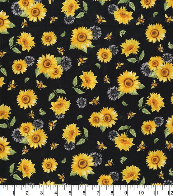 Quilting Cotton Sunflowers and Bees Black 100% Cotton