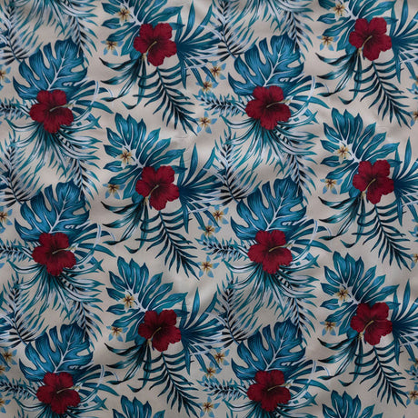 Hibiscus Monstera Palm Leaves Polyester Fabric - Tropical Leaf Print, 60" Width (1 Yard)