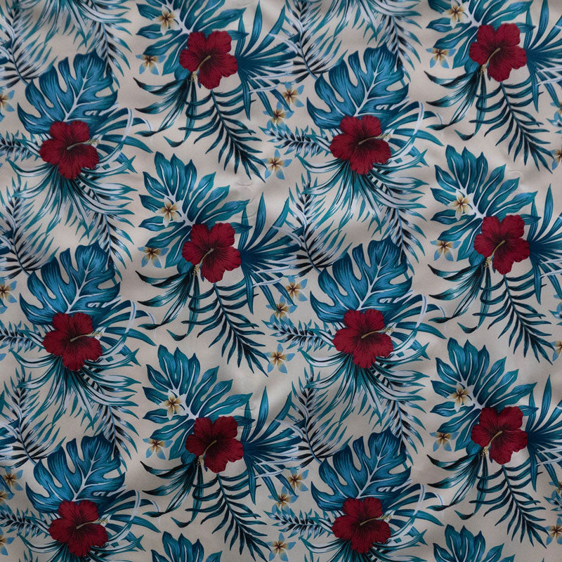 Hibiscus Monstera Palm Leaves Polyester Fabric - Tropical Hibiscus Monstera Palm Leaves, 60" Width (1 Yard)