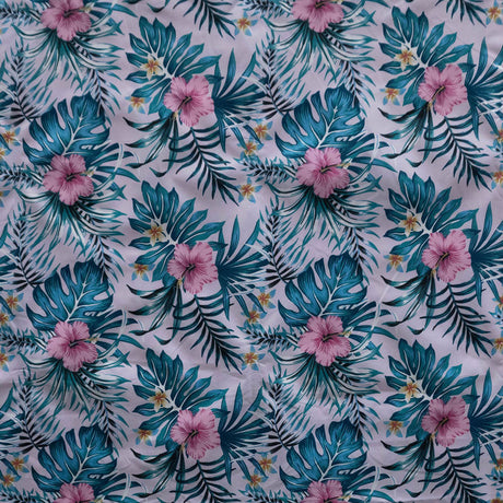 Hibiscus Monstera Palm Leaves Polyester Fabric - Tropical Leaf Print, 60" Width (1 Yard)