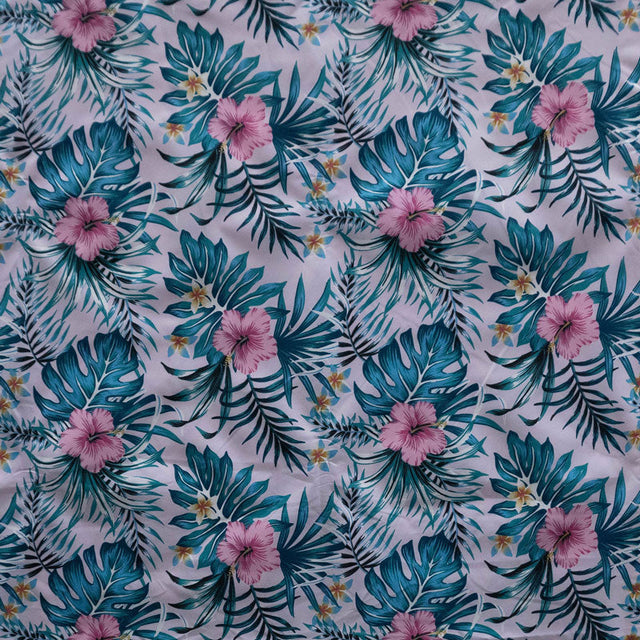 Hibiscus Monstera Palm Leaves Polyester Fabric - Tropical Leaf Print, 60" Width (1 Yard)