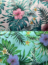 Hibiscus Monstera Palm Leaves Polyester Fabric - Tropical Leaf Print, 60" Width (1 Yard)