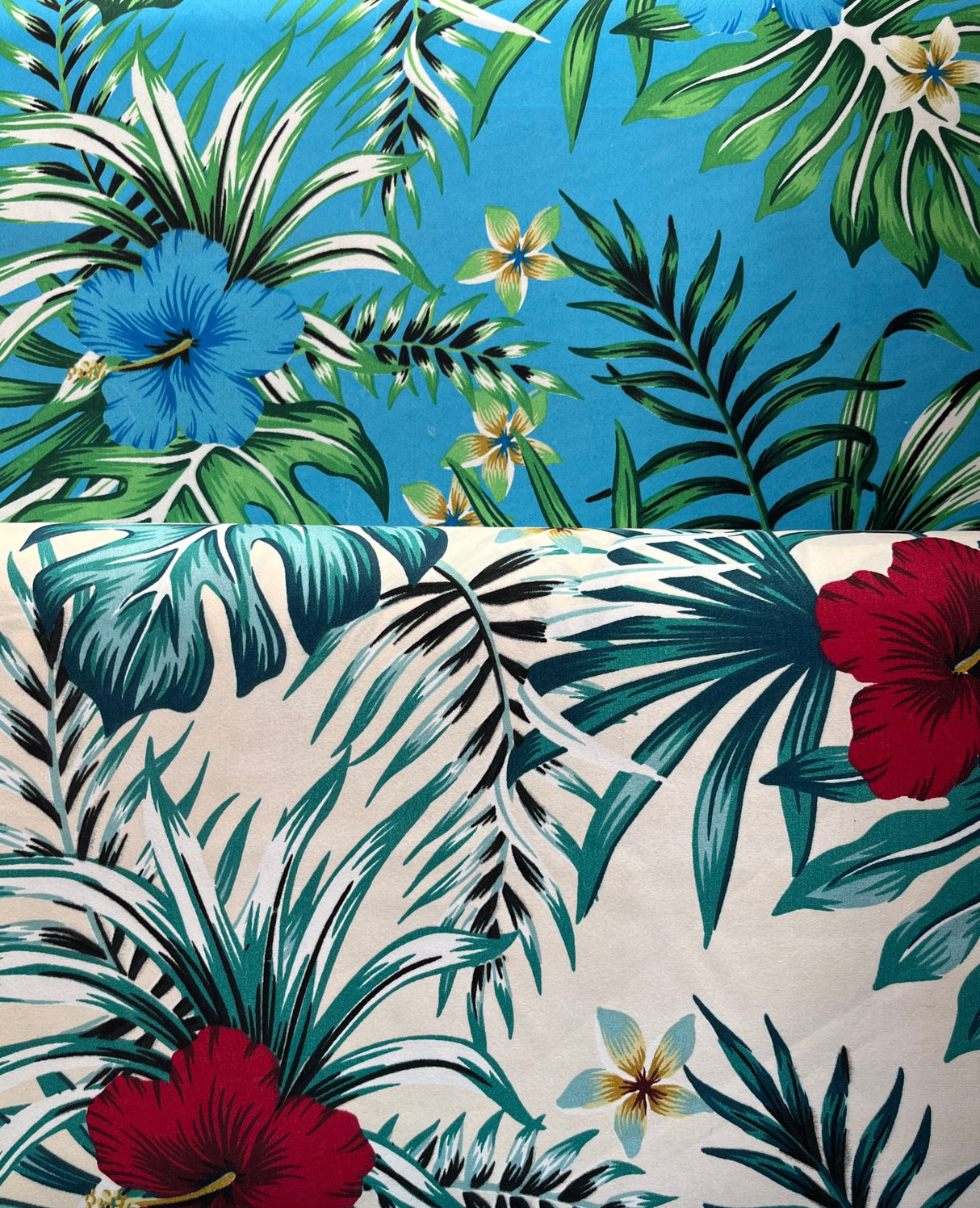Hibiscus Monstera Palm Leaves Polyester Fabric - Tropical Leaf Print, 60" Width (1 Yard)