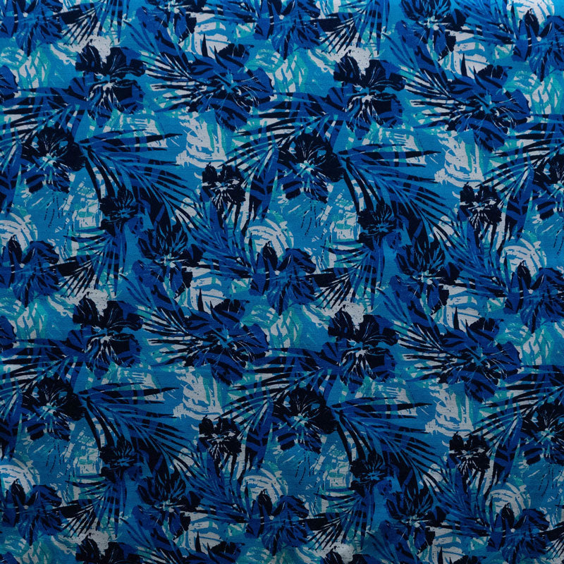 Hibiscus Palm Watercolor Design Cotton Light Barkcloth Fabric - Watercolor Palm And Hibiscus Print, 45" Width (1 Yard)