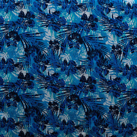 Hibiscus Palm Watercolor Design Cotton Light Barkcloth Fabric - Watercolor Palm And Hibiscus Print, 45" Width (1 Yard)