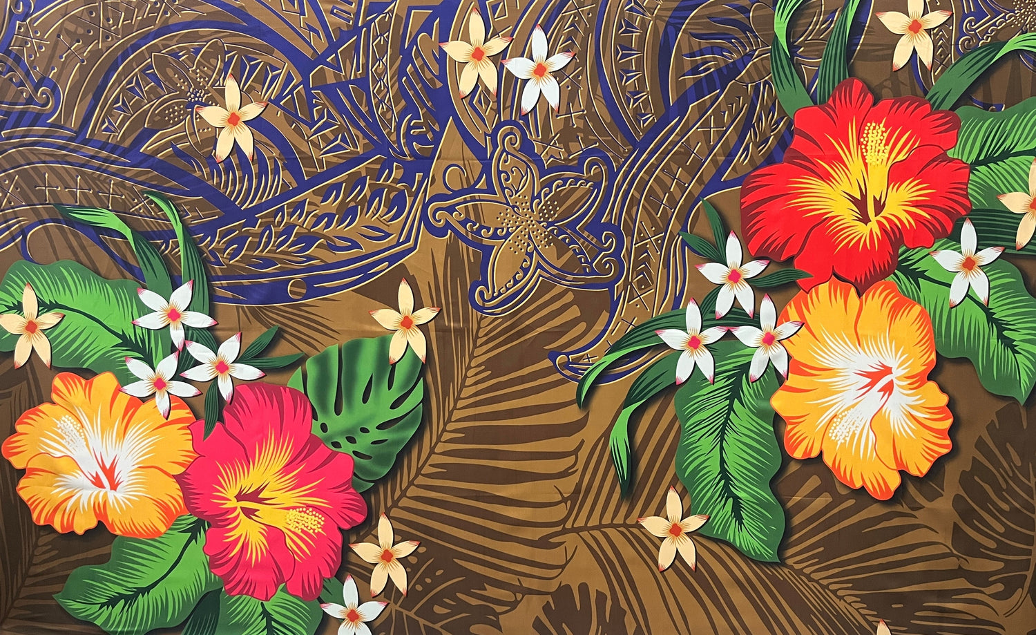 Hibiscus Plumeria Assortment Polyester Fabric - Tropical Floral, Polynesian Print, 70" L x 43" W (1 Piece)