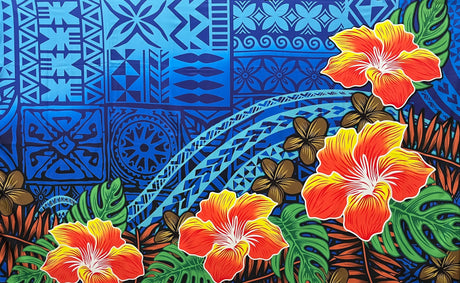 Hibiscus Plumeria Assortment Polyester Fabric - Tropical Floral, Polynesian Print, 70" L x 43" W (1 Piece)