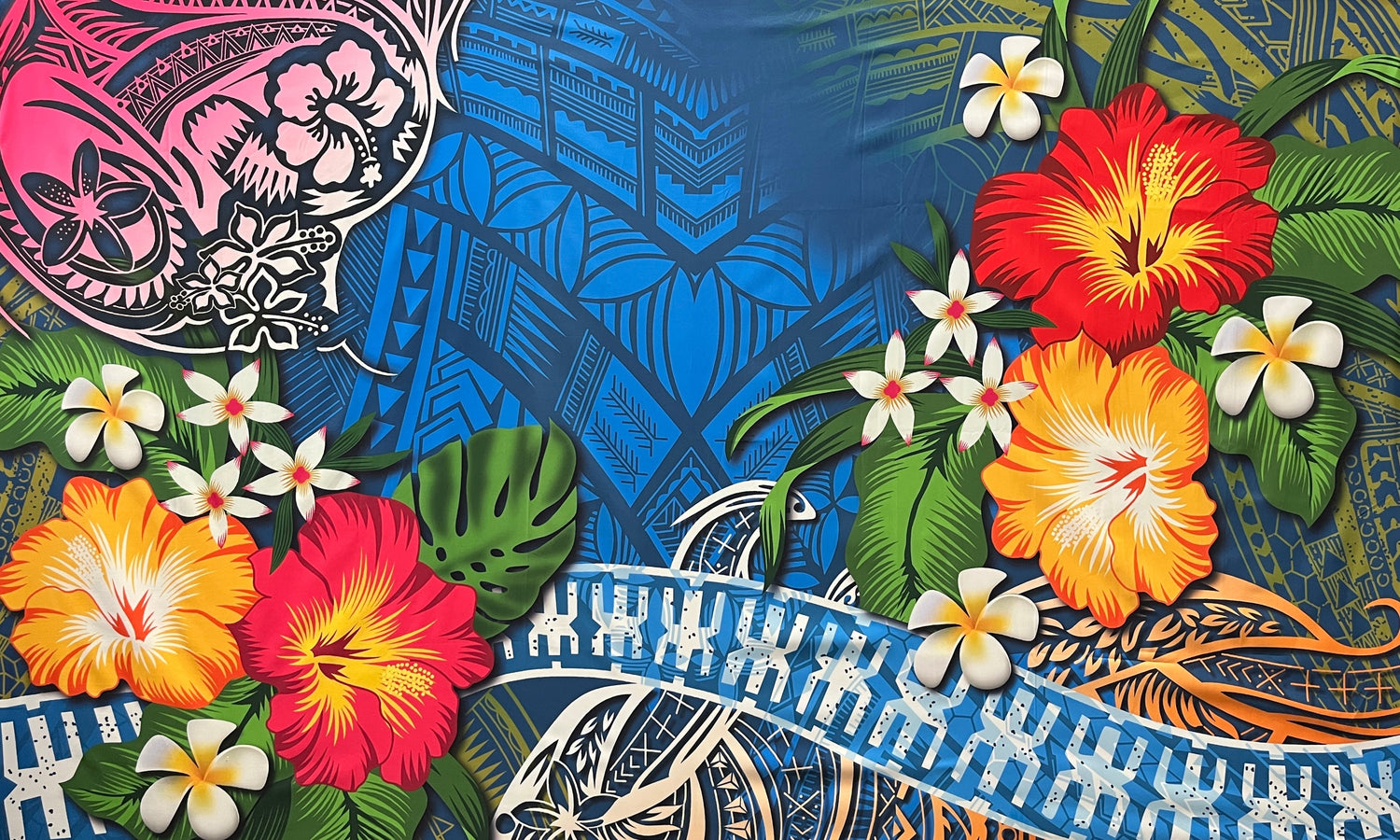 Hibiscus Plumeria Assortment Polyester Fabric - Tropical Floral, Polynesian Print, 70" L x 43" W (1 Piece)
