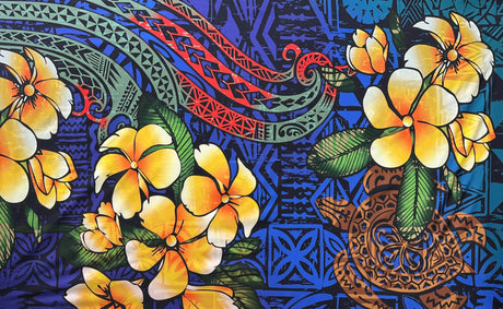 Hibiscus Plumeria Assortment Polyester Fabric - Tropical Floral, Polynesian Print, 70" L x 43" W (1 Piece)