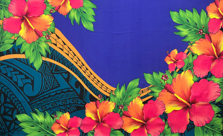 Hibiscus Plumeria Assortment Polyester Fabric - Tropical Floral, Polynesian Print, 70" L x 43" W (1 Piece)