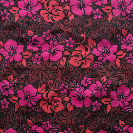 Hibiscus/Plumeria/Monstera Leaf Polyester Fabric - Polynesian Floral Leaf Print, 60" Width (1 Yard)