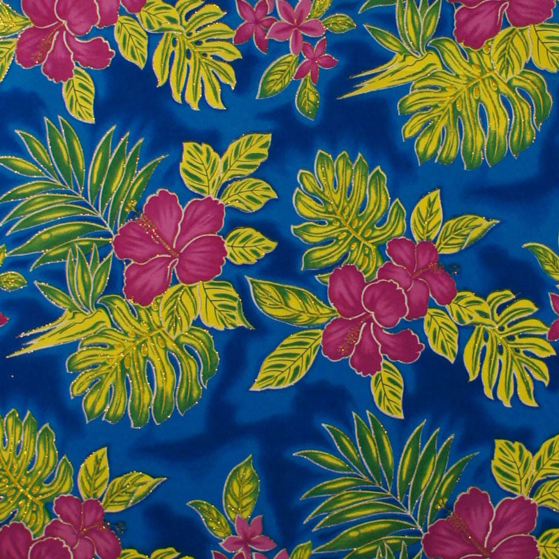 Hibiscus Plumeria Monstera Palm Leaves Glitter Polyester Fabric - Tropical Floral Print, 36" X 60" (1 Yard)
