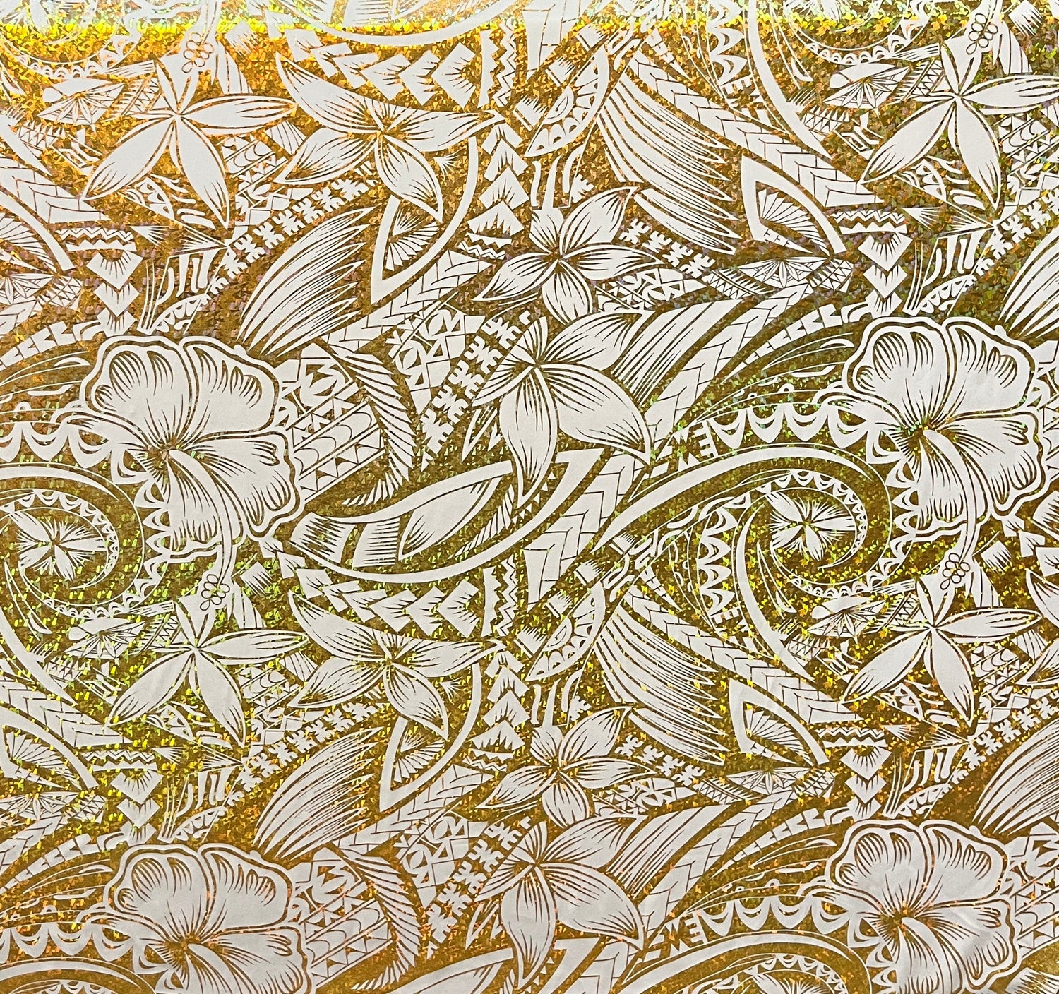Hibiscus Plumeria Polynesian Tattoo Polyester Foil Fabric - Hibiscus Plumeria Polynesian Tattoo, Holographic Shine, 36" X 60" (1 Yard)