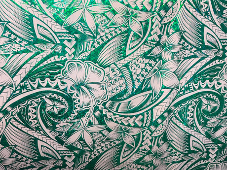 Hibiscus Plumeria Polynesian Tattoo Polyester Foil Fabric - Hibiscus Plumeria Polynesian Tattoo, Holographic Shine, 36" X 60" (1 Yard)