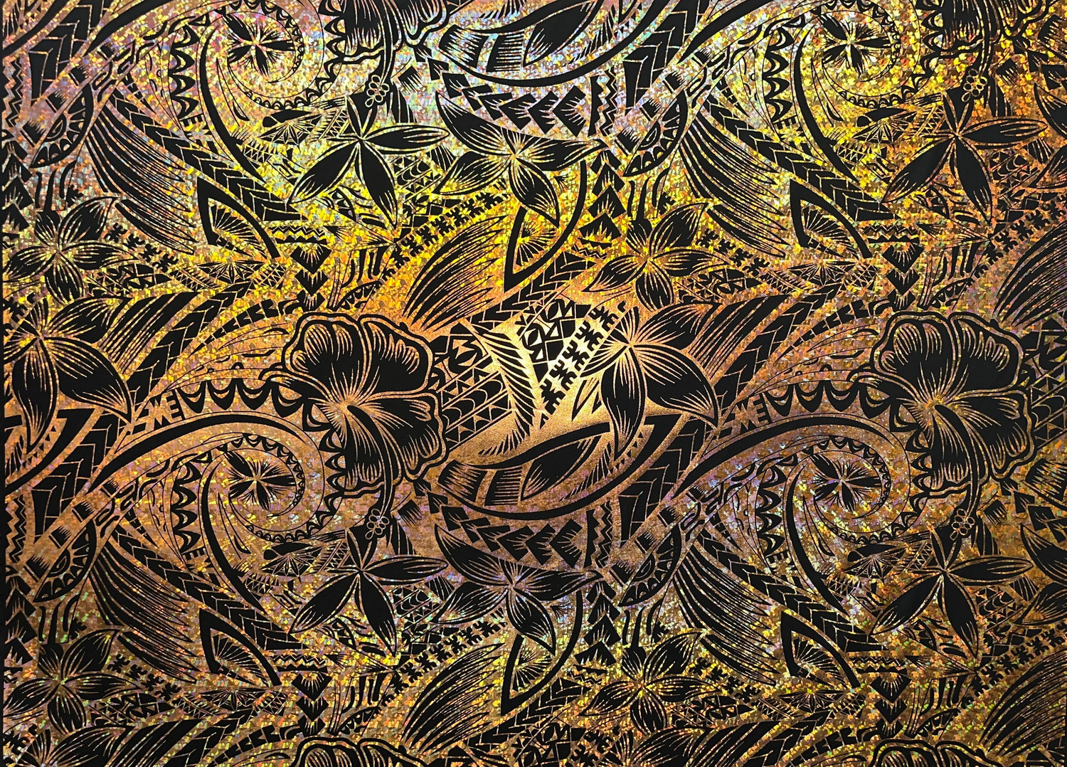 Hibiscus Plumeria Polynesian Tattoo Polyester Foil Fabric - Black And Rust, 36" X 60" (1 Yard)