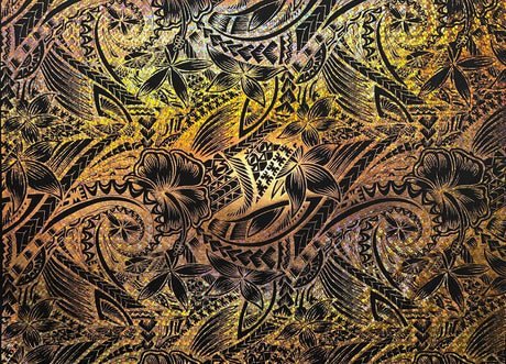 Hibiscus Plumeria Polynesian Tattoo Polyester Foil Fabric - Black And Rust, 36" X 60" (1 Yard)
