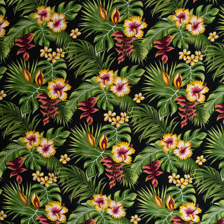 Hibiscus Plumeria Split Banana Palm Leaves Rayon Poplin Fabric - Tropical Floral Print, 44/45" Width (1 Yard)