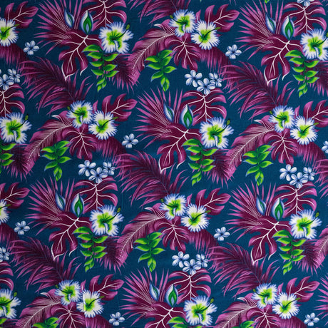 Hibiscus Plumeria Split Banana Palm Leaves Rayon Poplin Fabric - Tropical Floral Print, 44/45" Width (1 Yard)
