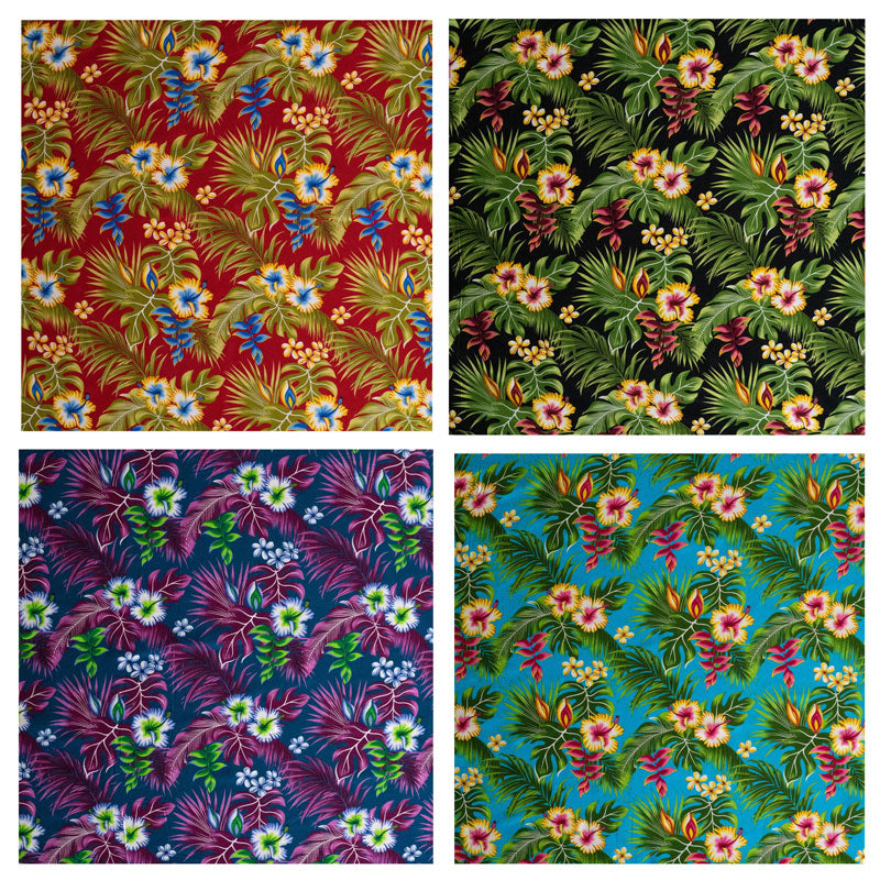 Hibiscus Plumeria Split Banana Palm Leaves Rayon Poplin Fabric - Tropical Floral Print, 44/45" Width (1 Yard)
