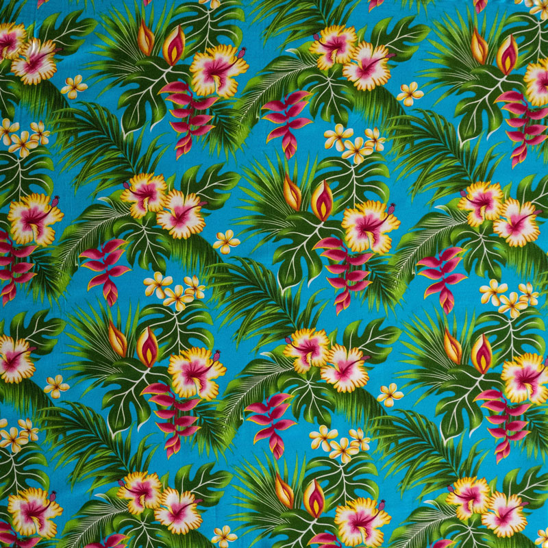 Hibiscus Plumeria Split Banana Palm Leaves Rayon Poplin Fabric - Tropical Floral Print, 44/45" Width (1 Yard)