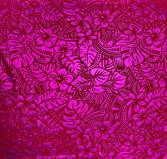 Hibiscus Plumeria Tiare Monstera Musa Acuminata Anthurium Leaves Printed Polyester Foil Fabric - Tropical Leaf Print, 36" X 60" (1 Yard)
