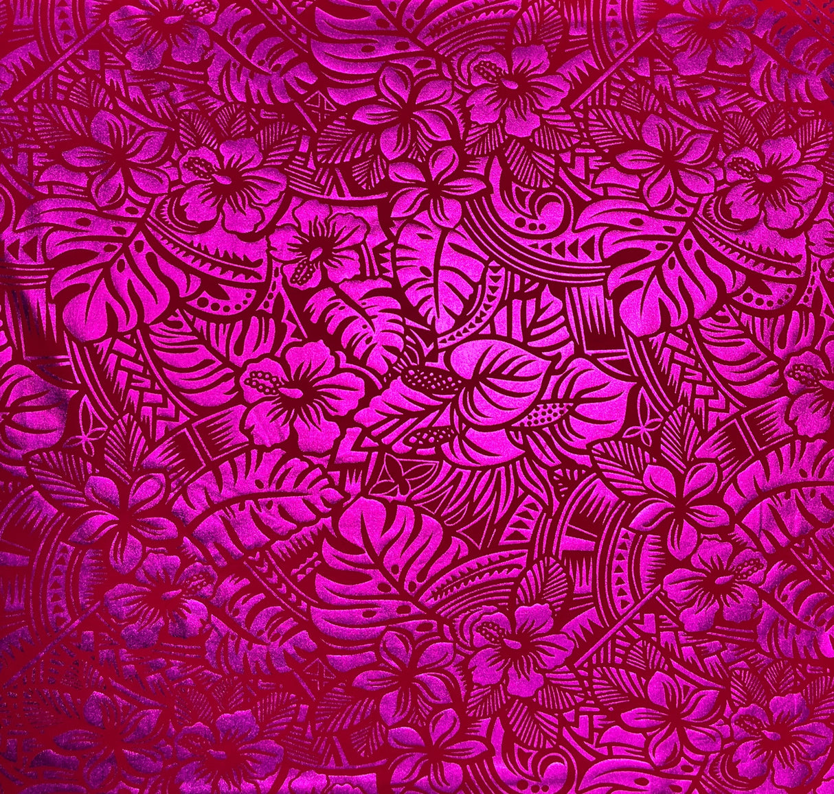 Hibiscus Plumeria Tiare Monstera Musa Acuminata Anthurium Leaves Printed Polyester Foil Fabric - Tropical Floral Foil Print, 36" X 60" (1 Yard)