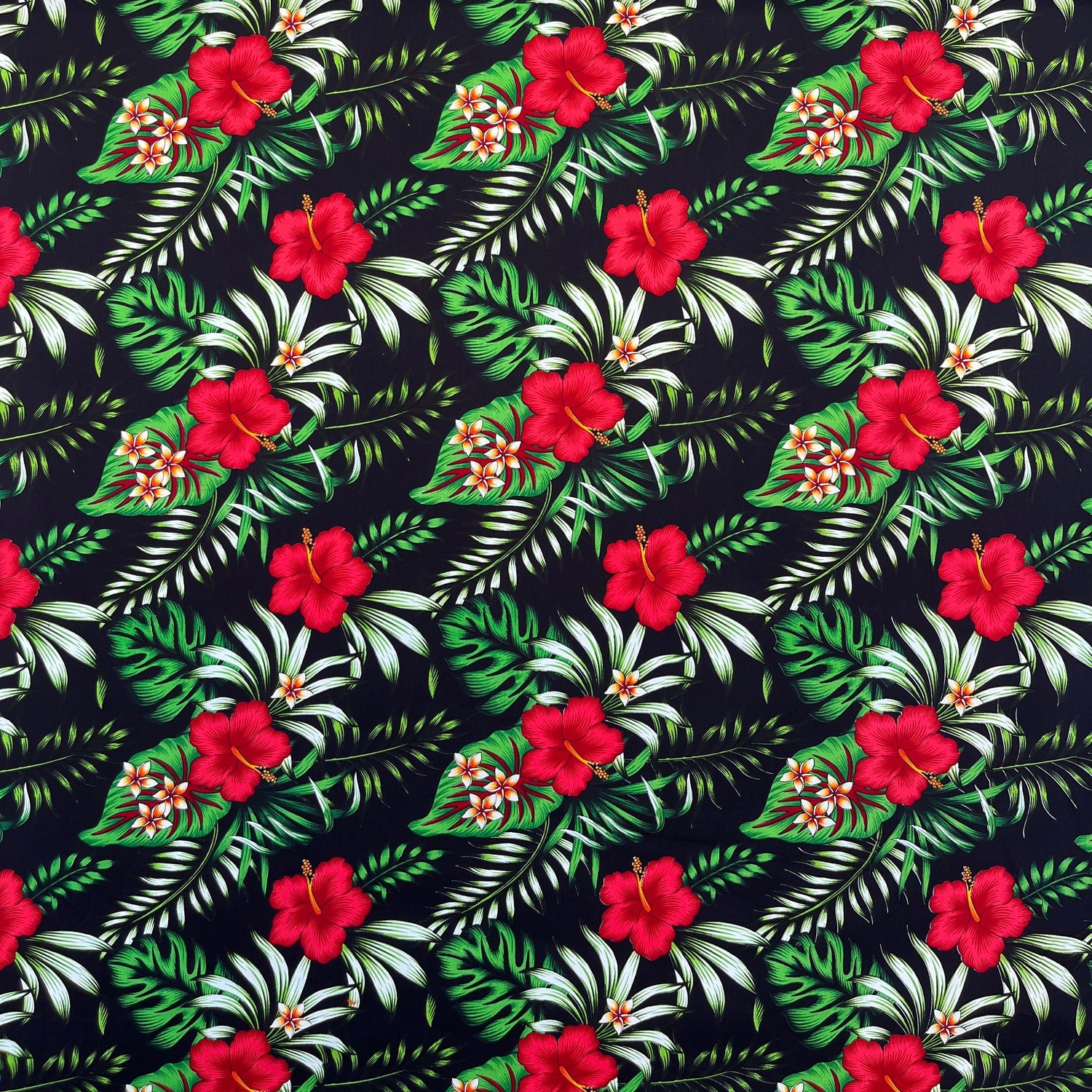 Hibiscus Plumeria Tropical Leaves All Over Design Cotton Fabric - Tropical Floral Print, 36" X 45" (1 Yard)