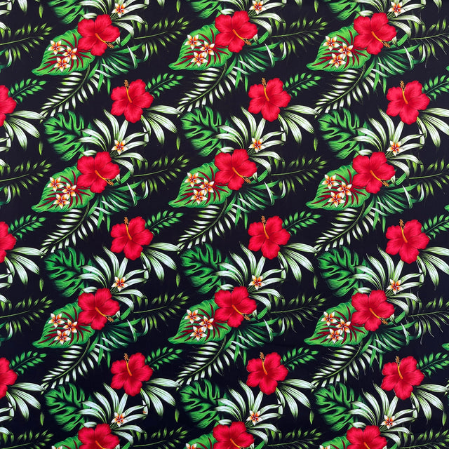 Hibiscus Plumeria Tropical Leaves All Over Design Cotton Fabric - Tropical Floral Print, 36" X 45" (1 Yard)