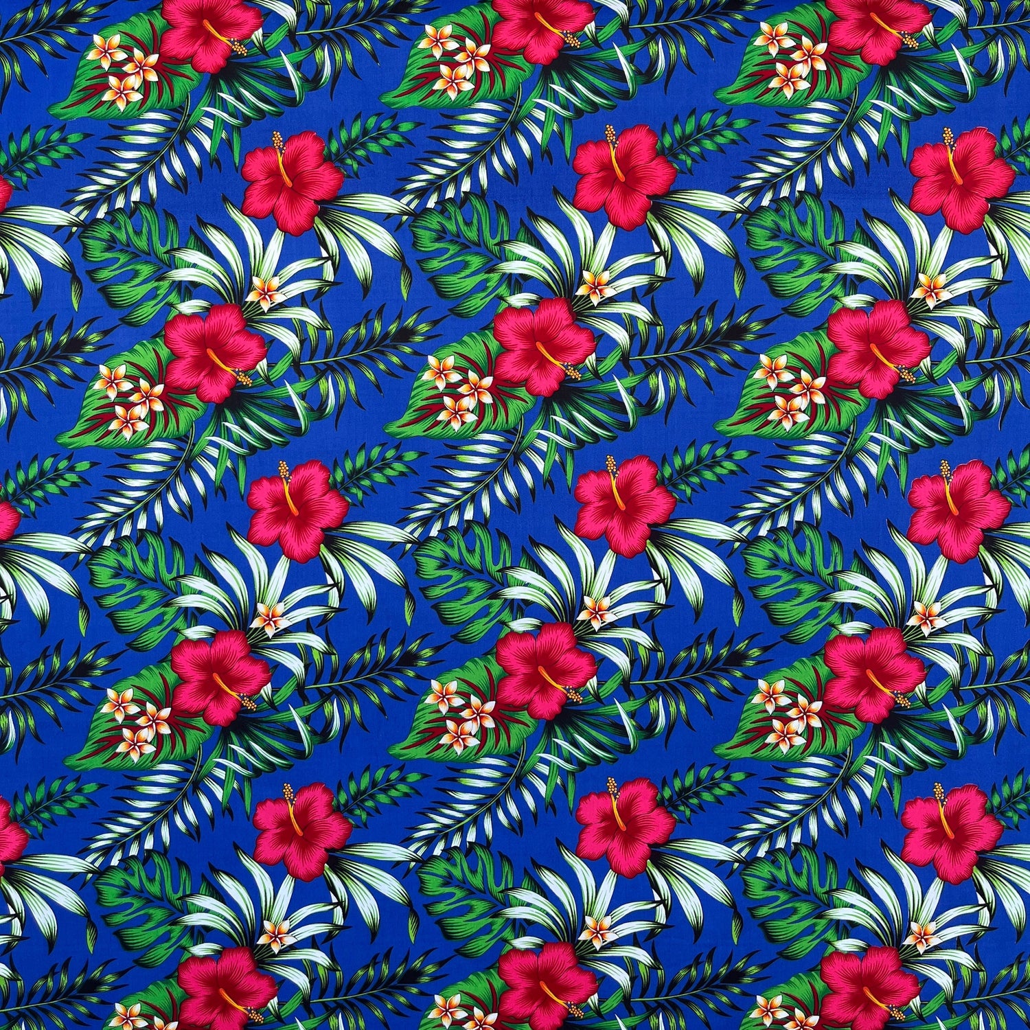 Hibiscus Plumeria Tropical Leaves All Over Design Cotton Fabric - Tropical Floral Print, 36" X 45" (1 Yard)