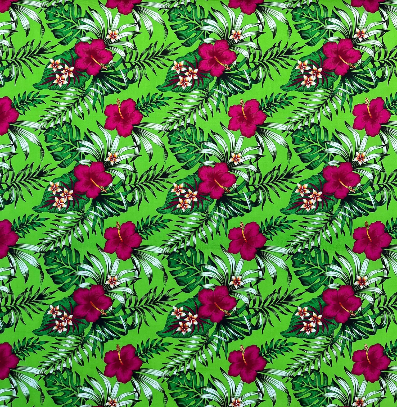 Hibiscus Plumeria Tropical Leaves All Over Design Cotton Fabric - Tropical Floral Print, 36" X 45" (1 Yard)