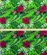 Hibiscus Plumeria Tropical Leaves All Over Design Cotton Fabric - Black/Red, Black/Fuchisa, Blue, Green, Turquoise, 36" X 45" (1 Yard)
