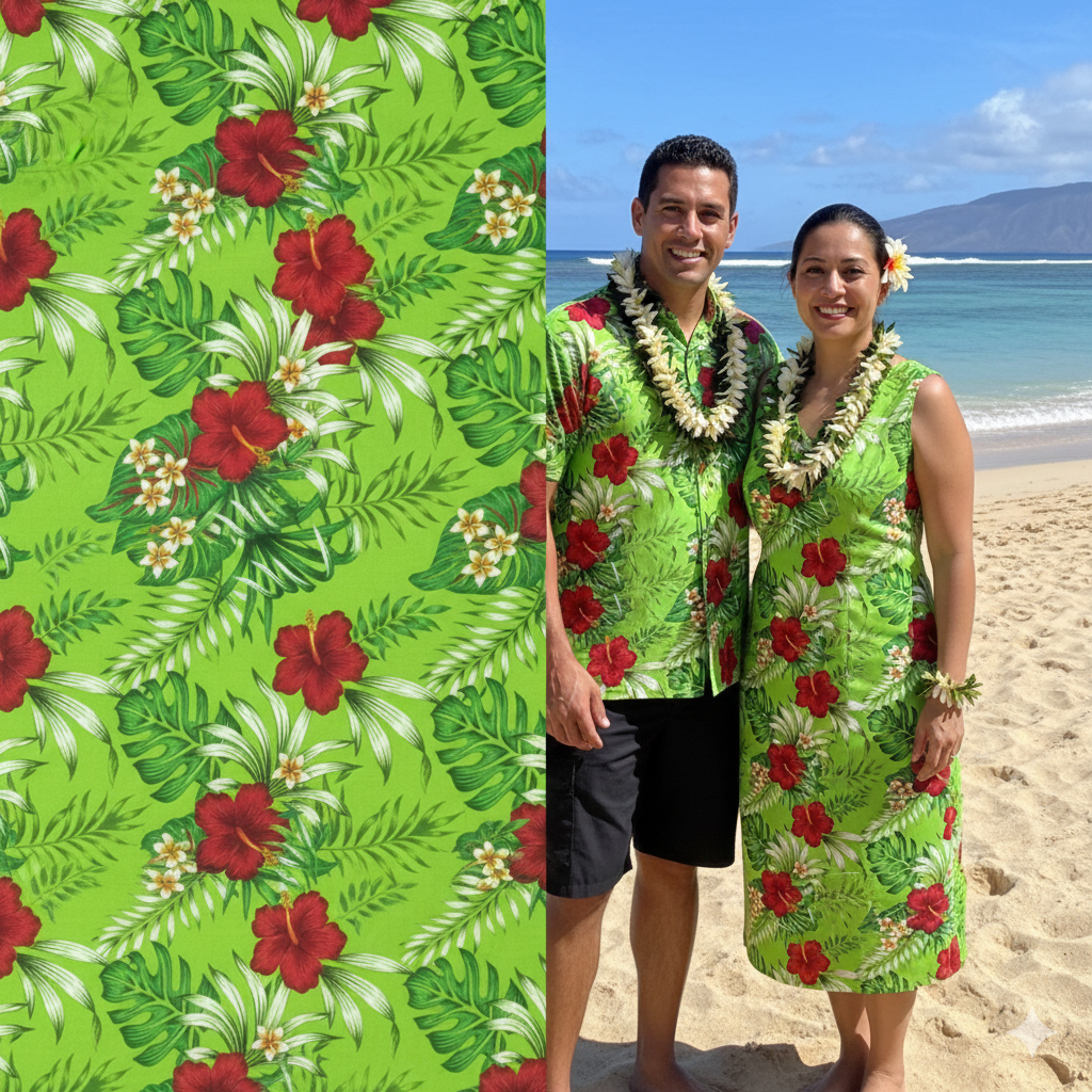 Hibiscus Plumeria Tropical Leaves All Over Design Cotton Fabric - Black/Red, Black/Fuchisa, Blue, Green, Turquoise, 36" X 45" (1 Yard)