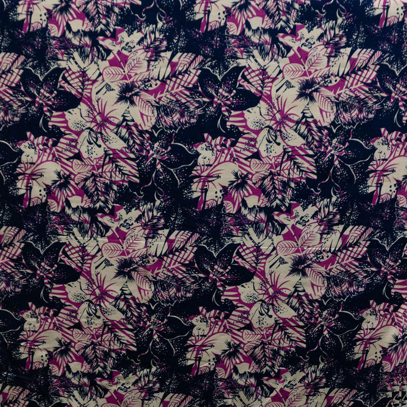 Hibiscus Plumeria Tropical Leaves Cotton Light Barkcloth Fabric - Ivory, Green, Fuchsia, Orange, Turquoise & Purple, 36" X 45" (1 Yard)